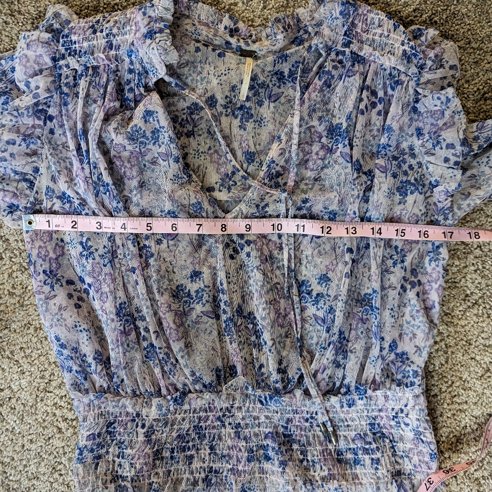 Free People Twyla Floral Lilac Long Sleeve Shirt Size Large Boho Cuffed Tie - Picture 11 of 12